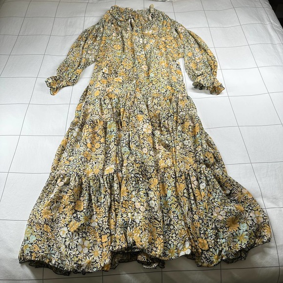 Free People Dress Womens XS Cream Green Feeling Groovy Floral Maxi Chiffon Boho - Picture 3 of 12